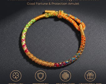 May include: A braided bracelet featuring five colors of thread, including red, green, blue, and yellow, with metallic gold-colored accents. The text reads: Handmade Five-Color Dragon Bracelet, Good Fortune & Protection Amulet, Blessing OnYou.