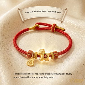 Puede incluir: Una pulsera de hilo rojo con un dije de caballo dorado, un pequeño dije dorado y detalles dorados. La pulsera tiene el texto "Good Luck Horse Red String Protection Bracelet". La pulsera está bendecida y trae buena suerte.