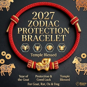 May include: A red braided cord bracelet featuring a gold-colored goat charm and gold-toned accents. The text reads 2027 ZODIAC PROTECTION BRACELET, Temple Blessed, Year of the Goat, Protection & Good Luck, For Goat, Rat, Ox & Dog.