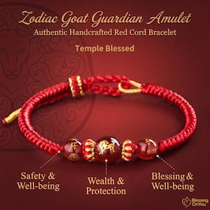 May include: A red cord bracelet featuring three dark red beads with gold-colored symbols, including a central goat motif. The text reads: Zodiac Goat Guardian Amulet, Authentic Handcrafted Red Cord Bracelet, Temple Blessed, Safety & Well-being, Wealth & Protection, Blessing & Well-being.