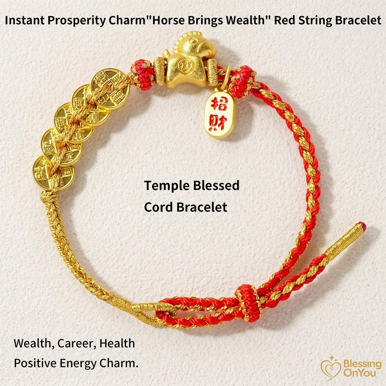 Bransoletka z czerwonego sznurka, amulet z koniem szczęścia, prezent na dobrobyt i ochronę, bransoletka z monetami Feng Shui Pięciu Cesarzy Instant Wealth