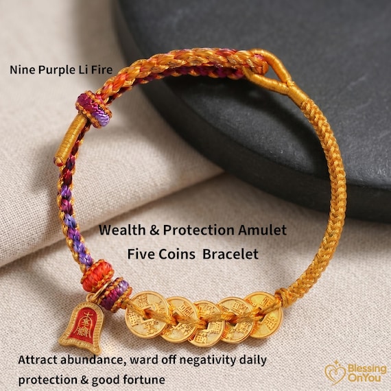 Red String Wealth Bracelet, Wealth Attraction Lucky Horse Charm, Prosperity & Protection Gift, Feng Shui Five Emperors Coins Bracelet