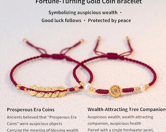 Bransoletka na szczęście z czerwonego sznurka ze złotymi monetami, bransoletka bogactwa Feng Shui, biżuteria z amuletem ochronnym, prezent dla niej i dla niego