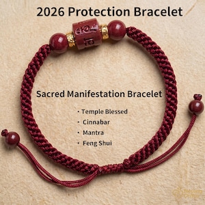 May include: A burgundy-colored bracelet with a braided cord design. The bracelet features a central cylindrical bead with etched details, flanked by smaller round beads. Text on the image reads "2026 Protection Bracelet" and "Sacred Manifestation Bracelet".