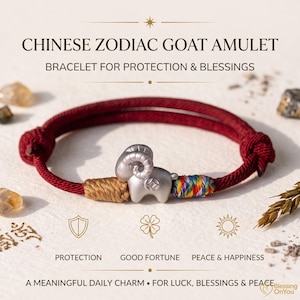 May include: A red cord bracelet featuring a silver-toned goat charm, a gold-colored thread wrap, and a multi-colored thread wrap. Text reads: CHINESE ZODIAC GOAT AMULET, BRACELET FOR PROTECTION & BLESSINGS, PROTECTION, GOOD FORTUNE, PEACE & HAPPINESS.