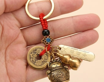 Brelok do kluczy z kotem na szczęście Feng Shui, mosiężny brelok z pięcioma monetami cesarza, amulet bogactwa Pixiu, tykwa Wu Lou, amulet ochronny, prezent na szczęście
