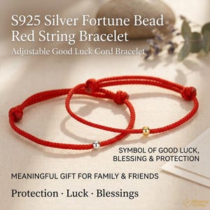 May include: Two adjustable red cord bracelets featuring a single bead each, one in silver and one in gold. The text reads: S925 Silver Fortune Bead Red String Bracelet, Adjustable Good Luck Cord Bracelet, SYMBOL OF GOOD LUCK, BLESSING & PROTECTION, MEANINGFUL GIFT FOR FAMILY & FRIENDS, Protection · Luck · Blessings.