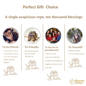 Może przedstawiać: Obraz z tekstem "Perfect Gift Choice" i "A single auspicious rope, ten thousand blessings." Obraz podzielony jest na cztery sekcje, każda z ilustracją pudełka prezentowego i tekstem dla r&oacute;żnych odbiorc&oacute;w.