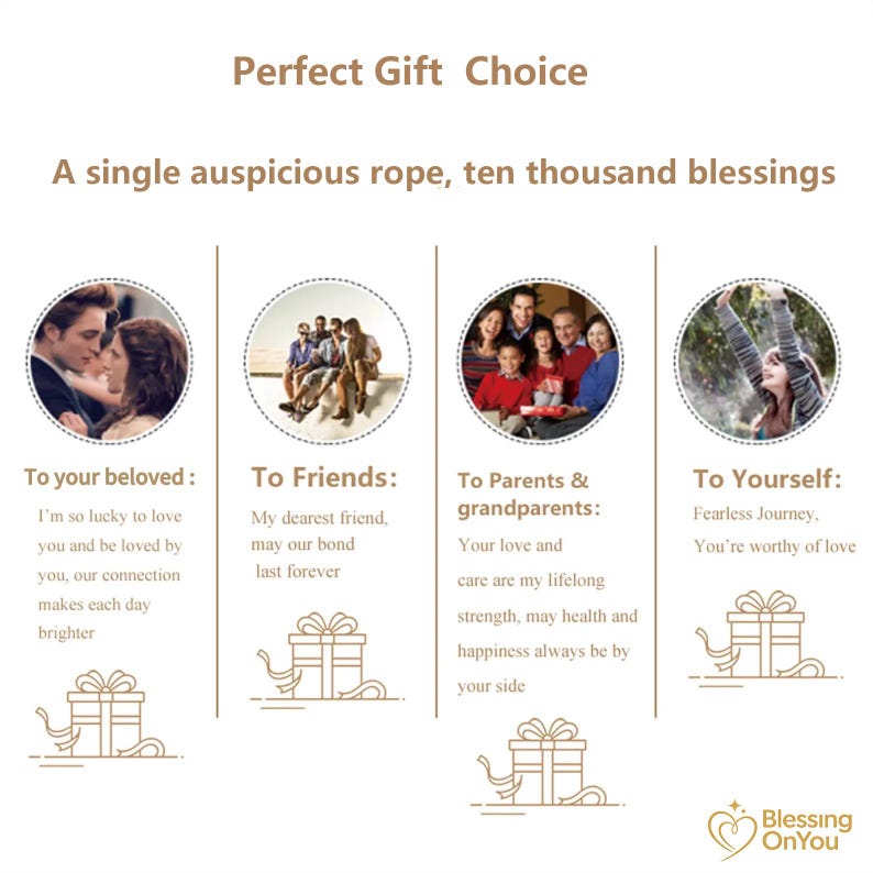 Może przedstawiać: Obraz z tekstem "Perfect Gift Choice" i "A single auspicious rope, ten thousand blessings." Obraz podzielony jest na cztery sekcje, każda z ilustracją pudełka prezentowego i tekstem dla r&oacute;żnych odbiorc&oacute;w.