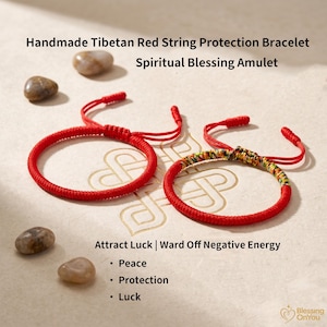 May include: Two handmade red string bracelets with adjustable knots. One is solid red, the other features a multi-colored woven section. Text reads: Handmade Tibetan Red String Protection Bracelet Spiritual Blessing Amulet, Attract Luck | Ward Off Negative Energy, Peace, Protection, Luck, Blessing OnYou.