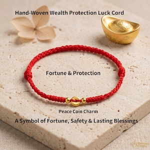 May include: A hand-woven red cord bracelet featuring a central gold-colored peace coin charm flanked by two small gold-colored beads. The text reads Hand-Woven Wealth Protection Luck Cord, Fortune & Protection, Peace Coin Charm, A Symbol of Fortune, Safety & Lasting Blessings.