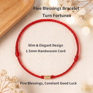 May include: A red handwoven cord bracelet featuring five small gold-colored beads. The bracelet includes the text Five Blessings Bracelet Turn Fortunes, Slim & Elegant Design, 1.5mm Handwoven Cord, and Five Blessings, Constant Good Luck.