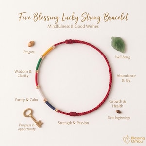 May include: A red string bracelet featuring five coloured segments in yellow, green, red, white, and blue, separated by gold-toned beads. The text reads Five Blessing Lucky String Bracelet, Mindfulness & Good Wishes, and labels for each element.
