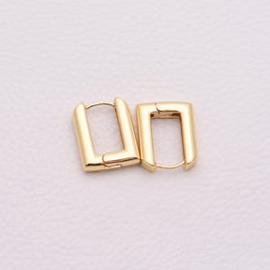 May include: A pair of gold-colored, rectangular hoop earrings. The earrings have a simple, modern design with a hinged closure. The earrings are displayed on a white surface.