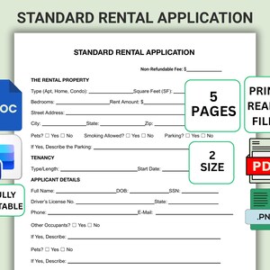Puede incluir: Un formulario de solicitud de alquiler estándar con campos para detalles de la propiedad, información del solicitante y términos de arrendamiento. El documento incluye iconos para formatos de archivo DOC, Word, PDF y PNG, con texto que indica que es totalmente editable.