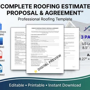 May include: A three-page roofing estimate, proposal, and agreement template. The document includes sections for company and property owner details, work descriptions, and cost breakdowns. It is available in US Letter 8.5" x 11" and A4 8.27" x 11.69" sizes.