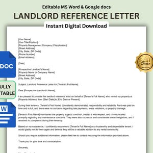 May include: A digital landlord reference letter template with placeholders for contact details, tenant information, and rental history. The document is fully editable in MS Word and Google Docs, featuring a gold Best Choice seal icon.