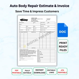Mechanics Auto Repair Invoice, Auto Body Repair Estimate Template, Automotive Service Invoice, Repair Work Order, Word Google Docs Printable