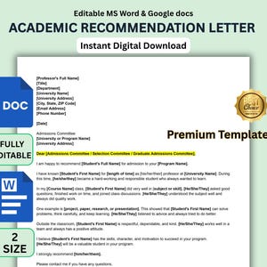 以下が含まれることがあります： MS WordおよびGoogleドキュメント用の編集可能な学術推薦状テンプレート。連絡先情報、学生の詳細、コースの仕様のプレースホルダーが含まれています。DOCおよびWファイルの青いアイコンが表示されています。