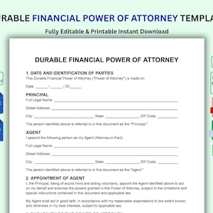 Puede incluir: Una plantilla de documento de poder notarial financiero duradero con secciones para la fecha, identificación de las partes, poderdante y apoderado. El documento es totalmente editable e imprimible, con iconos que indican los formatos de archivo DOC, PDF y JPG.