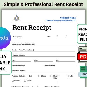 以下が含まれることがあります： 「Rent Receipt」と「Simple & Professional Rent Receipt」のテキストが入った白い家賃領収書のテンプレート。テナント情報、物件の住所、支払い詳細のフィールドが含まれています。「Print Ready Files」と「Fully Editable Link」のアイコンがあります。