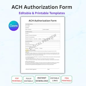 ACH Authorization Form, Editable ACH Debit Authorization Form, Bank Payment Authorization, ACH Payment Form, Canva Editable Template