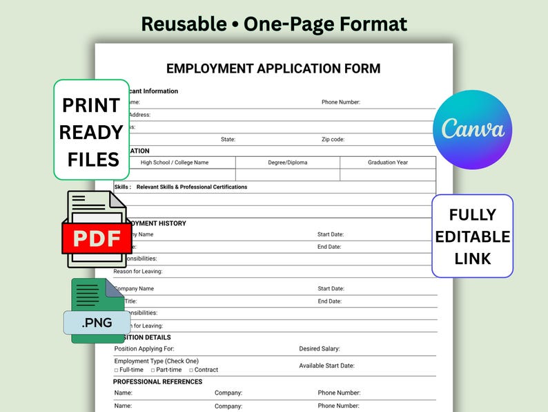Printable Employment Application Form Template | Editable Canva HR ...