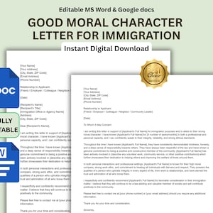Puede incluir: Una plantilla digital para una carta de buen carácter moral para inmigración, con campos de texto editables para información personal, detalles de relación y el cuerpo de la carta, junto a iconos azules DOC y W.