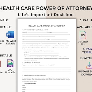 May include: A four-page Health Care Power of Attorney template document with black text on a white background. The form includes sections for Appointment of Health Care Agent, Limitations on My Agent, and Appointment of Alternate Agent.