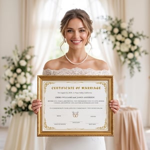 May include: A gold-framed Certificate of Marriage document featuring the text Emma Williams and James Anderson, dated August 22, 2028, in Napa Valley, California, with decorative gold borders and a central illustration of two interlocking rings.