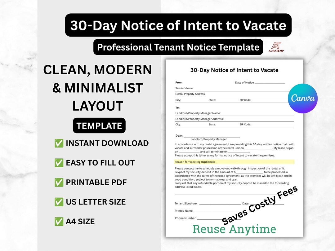 30 Day Notice to Vacate Letter Template, Printable Eviction Notice ...