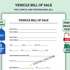 Puede incluir: Una plantilla de documento de factura de venta de vehículo en blanco con texto negro que incluye campos para nombres y direcciones de comprador y vendedor, marca, modelo, tipo de carrocería, año, color, odómetro, VIN y precio de venta.