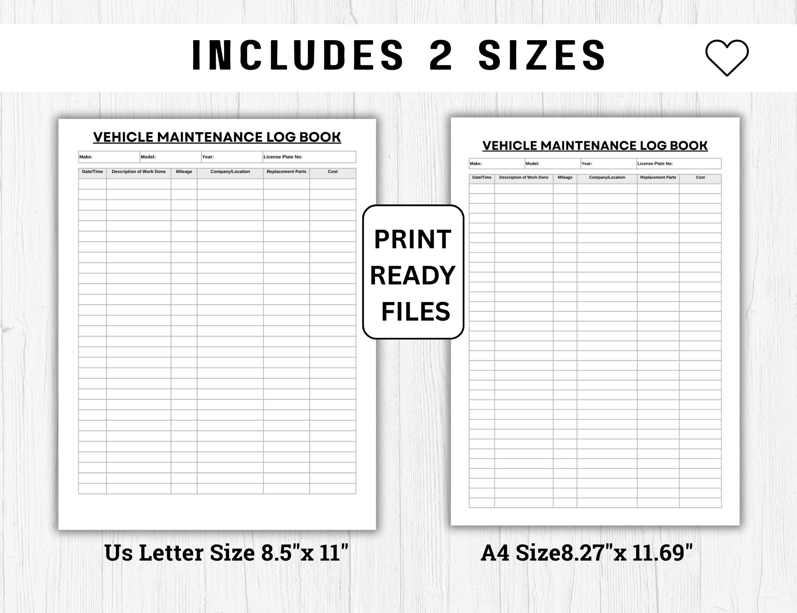 Vehicle Maintenance Log Book Printable PDF, Word & Print Ready Files ...