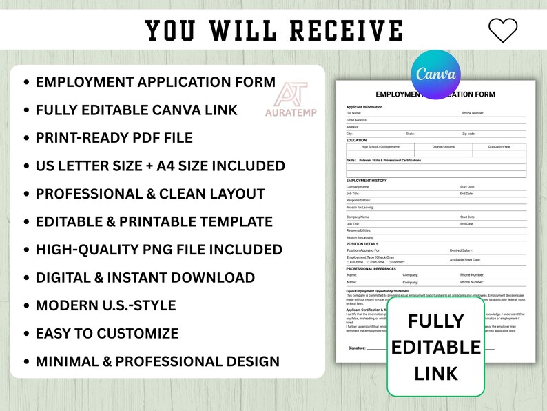 Printable Employment Application Form Template | Editable Canva HR ...