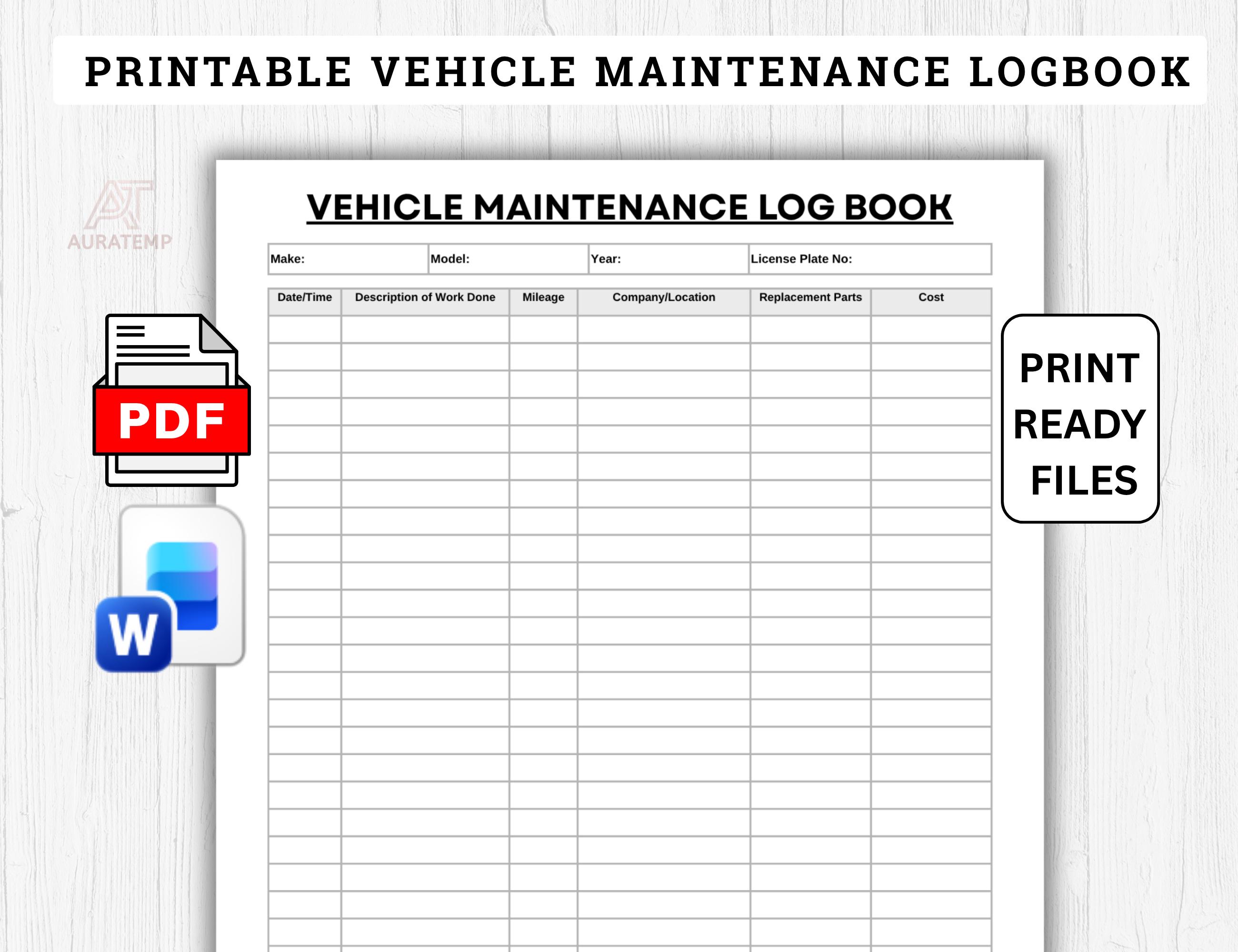 Vehicle Maintenance Log Book Printable PDF, Word & Print Ready Files ...