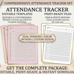 May include: A comprehensive attendance tracker set featuring editable templates and print-ready files. The set includes pink and white grid layouts with columns for names and dates, accompanied by DOC, PDF, and JPG file icons and a silver pen.