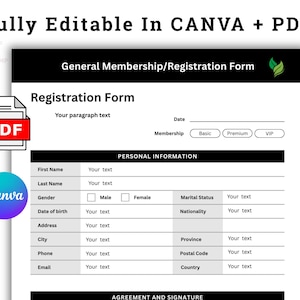 Może przedstawiać: Czarno-biały szablon formularza rejestracyjnego z polami na dane osobowe, opcje członkostwa i szczegóły umowy. Formularz oznaczony jest jako "General Membership/Registration Form" i oznaczony jako "Fully Editable In CANVA + PDF".