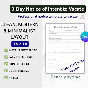 Puede incluir: Una plantilla de documento 3-Day Notice of Intent to Vacate con un diseño claro y campos para información del remitente, administrador de la propiedad e inquilino. El documento incluye texto para aviso formal y detalles de inspección.