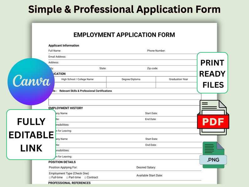 Printable Employment Application Form Template | Editable Canva HR ...