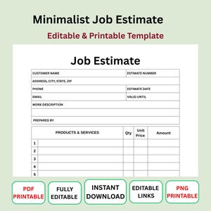 Può includere: Un modello digitale di preventivo con testo nero su sfondo bianco. Il modulo include campi per i dati del cliente, numero di preventivo, data, descrizione del lavoro e una tabella per prodotti, servizi, quantità, prezzo unitario e importo totale.