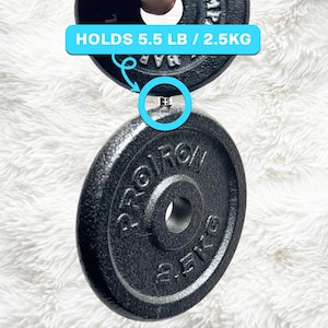Può includere: Due dischi pesi circolari in ghisa nera, ciascuno con la scritta PROIRON e 2.5KG, collegati da un piccolo fissaggio metallico. Una sovrapposizione grafica azzurra con un cerchio e una freccia indica il punto di connessione, con il testo HOLDS 5.5 LB / 2.5KG.