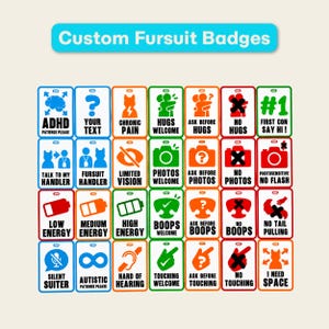 May include: A collection of rectangular custom fursuit badges arranged in a grid, featuring various icons and text labels like ADHD, Chronic Pain, Hugs Welcome, No Photos, Low Energy, and No Touching, each with distinct color-coded borders.