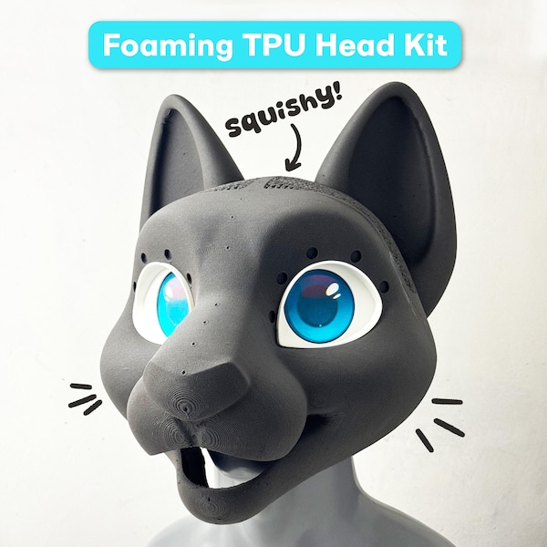 Foaming TPU Feline Fursuit Head base (Small Cat) - 3D Printed, Beginner Friendly, Flexible & Durable