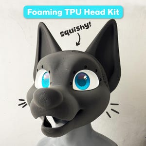 May include: A dark grey foaming TPU head kit featuring a cat-like mask with large, bright blue eyes, pointed ears, and an open mouth. The text "Foaming TPU Head Kit" appears at the top, and the word "squishy!" is written with an arrow pointing down.