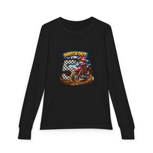 May include: Black long-sleeve shirt featuring a colorful graphic of a motocross rider on a red motorcycle. The graphic includes the text "WATCH OUT I'M-" above the rider and a checkered flag design.