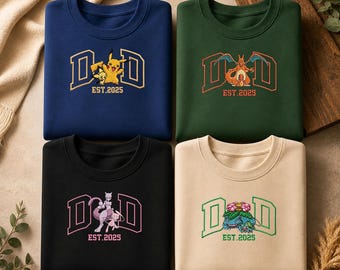Aangepast geborduurd PokaDad-shirt, anime-vaderdagcadeau, sweatshirt met gepersonaliseerde anime-personages, verjaardagscadeau voor papa, pocketbeest