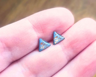 Dusty blue and rose gold stud earrings / Dainty triangle ear studs in surgical steel settings / Handmade in Scotland/ Orkney sunset inspired