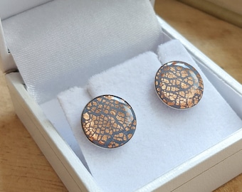 Dusty blue earrings with rose gold detail / Sterling silver stud earrings with unique polymer clay & resin inset / Handmade Scottish jewelry