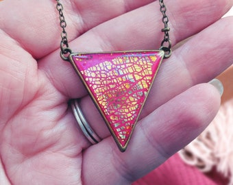 Unique magenta geometric collar / Handmade colour block pendant on a nickel free vintage style chain / Jewelry made in Scotland