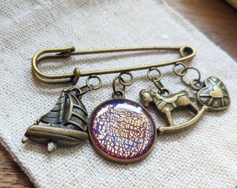 Bronze brooch with purple and gold handmade charm / Sturdy lapel pin with boat, rocking horse & heart charms / Nickel-free Scottish jewelry